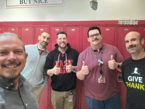 Mr. Falkman, Mr. Stanton, Mr. Lackner, Mr. Augello, and Mr. O'Neill (left to right) showing off their 'staches. 